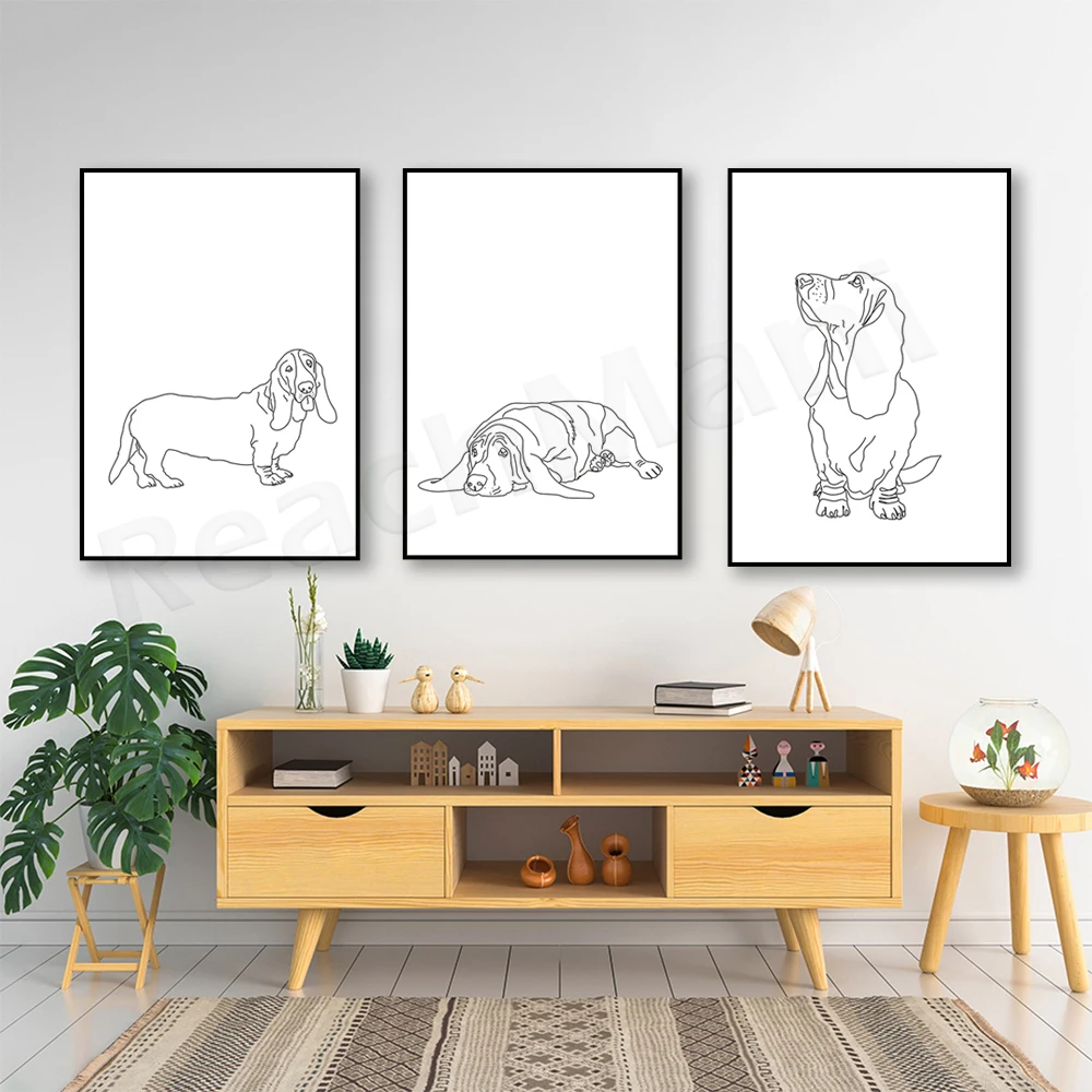Basset Hound Line Art, Line Dog and Pet Modern Nordic Simple Animal Basset Hound Pattern Drawing Print Poster Kids Room Decor