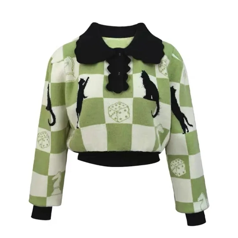 

Stylish Women Sweaters Tops 2025 Spring Plaid Knit Cartoon Jacquard Pullovers Knitwear Long Sleeve Fashion Chic Ladies Jumpers