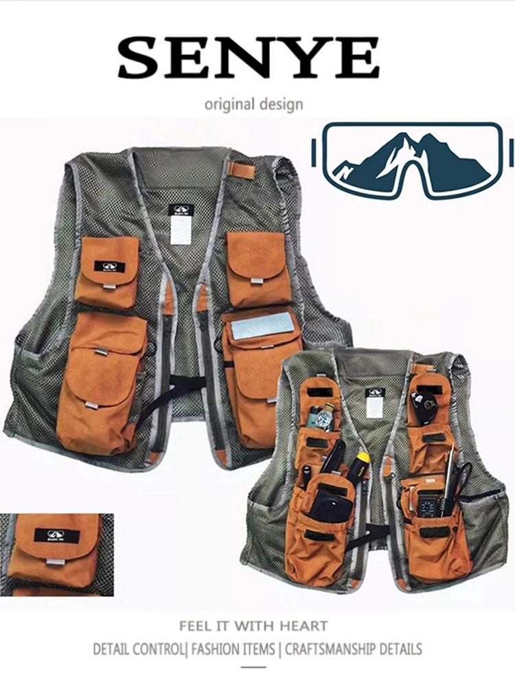 Patched Mesh Multi-Pocket Outdoor Couples Loose Breathable Jacket Men's Japanese Retro Functional Workwear Fishing Vest