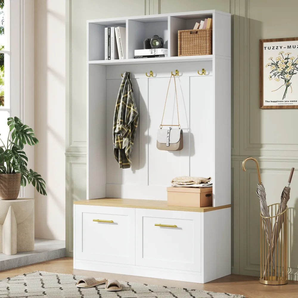 PINGGO Naturweißes Kompaktes Kleiderschrank-Set mit Sitzbank 2 Türen Offene Aufbewahrung 4 Haken 105x40x180cm – Detail 6