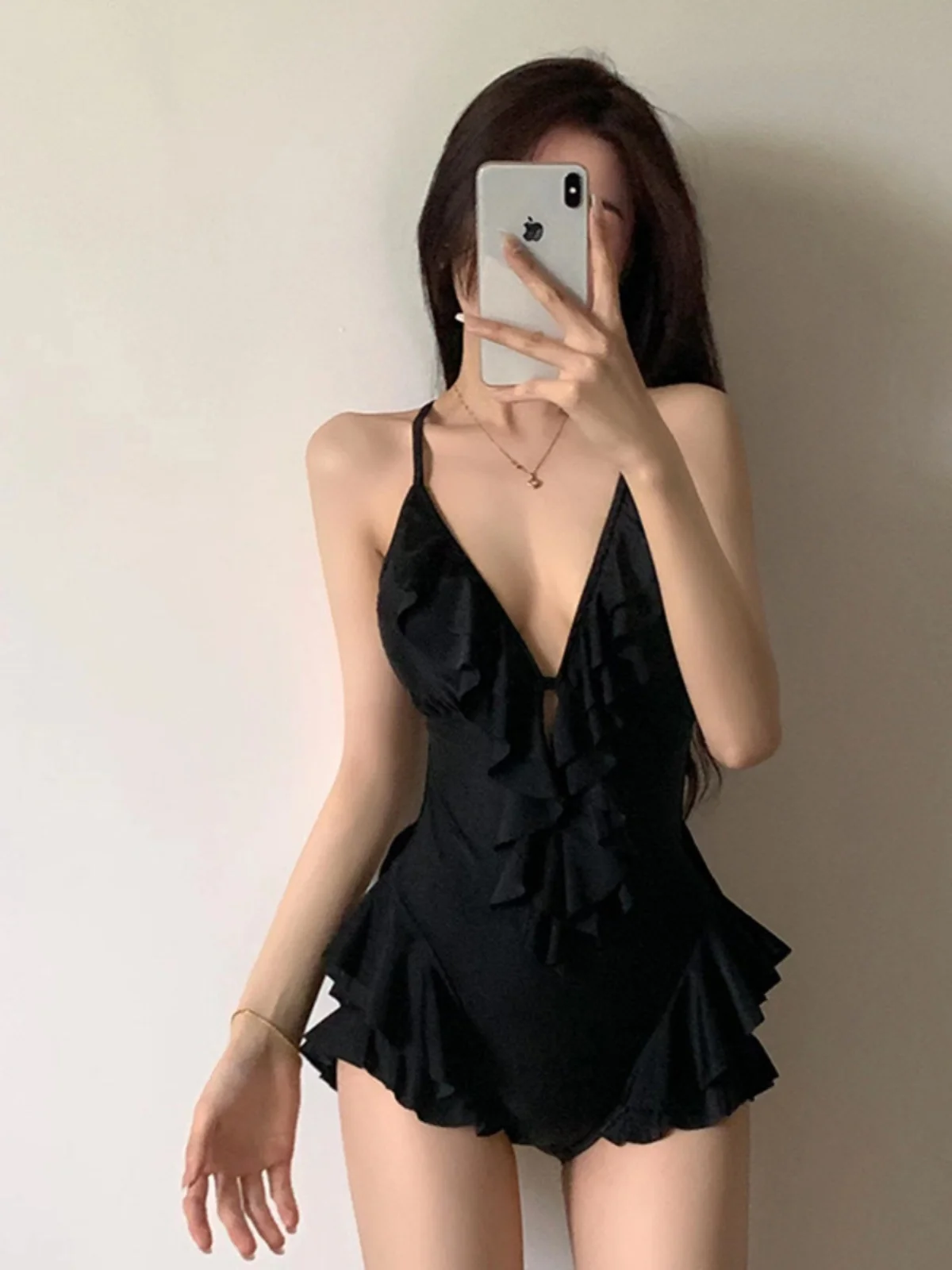 

Женский слитный купальник с глубоким V-образным вырезом, без бретелек, с юбкой, утягивающий, сексуальный, с кружевной отделкой, для отдыха на природе и термальных источников