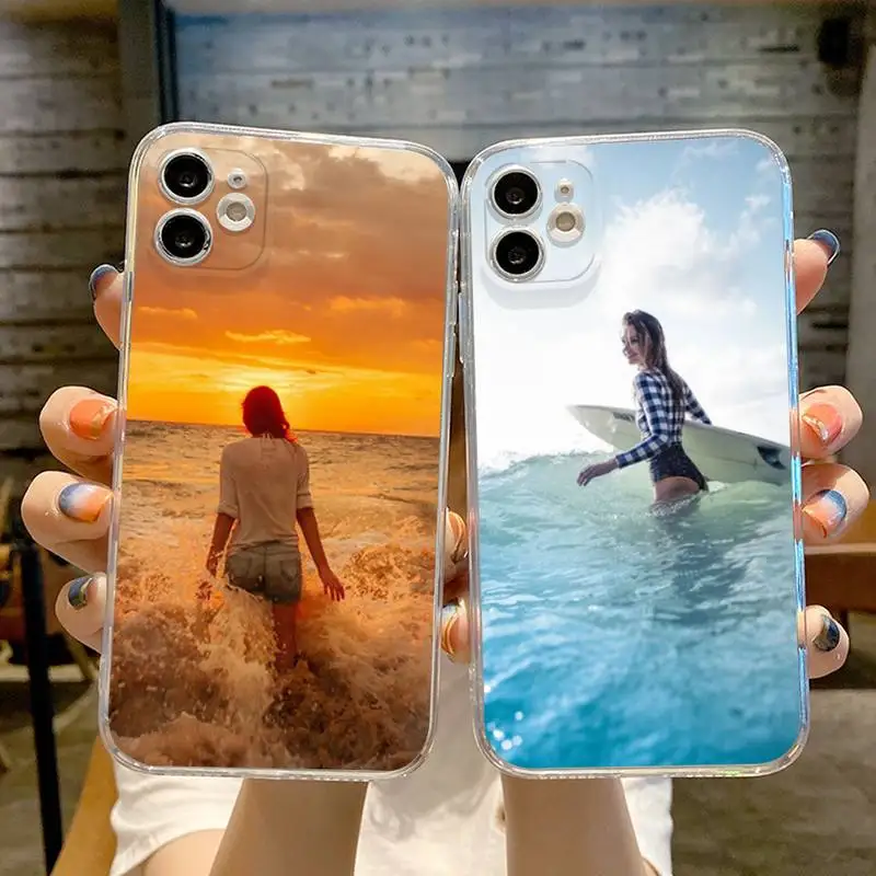 Summer Beach Sun Surfing Girls Phone Case Transparent For iphone 13 12 11 Pro Max Mini X XR XS 7 8 6s plus phone Full Coverage