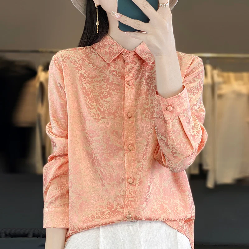 Women Long Sleeve Silk Blend Shirt New Arrival Spring Autumn Chinese Printing Dyeing Cardigan Basics Female Casual Tops Shirts