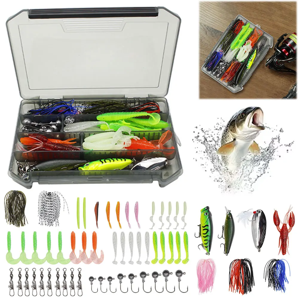 

58pcs Fishing Lure Kit Soft and Hard Bait Jig Hooks Snap Swivels Fishing Lure Set Fishing Gifts for Men