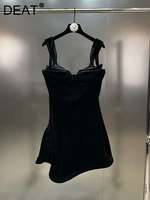 DEAT 2025 Spring Fashion Square Collar Dress Women's Sleeveless Velvet Solid Color Zipper Split Dresses Female New 11XX8165