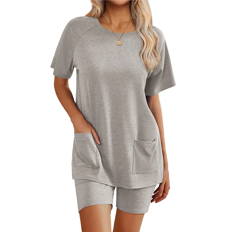 A83F-Womens 2 Piece Outfits Sweatsuits Summer Short Sleeve Loungewear Tracksuit Round Neck Lounge Shorts Sets