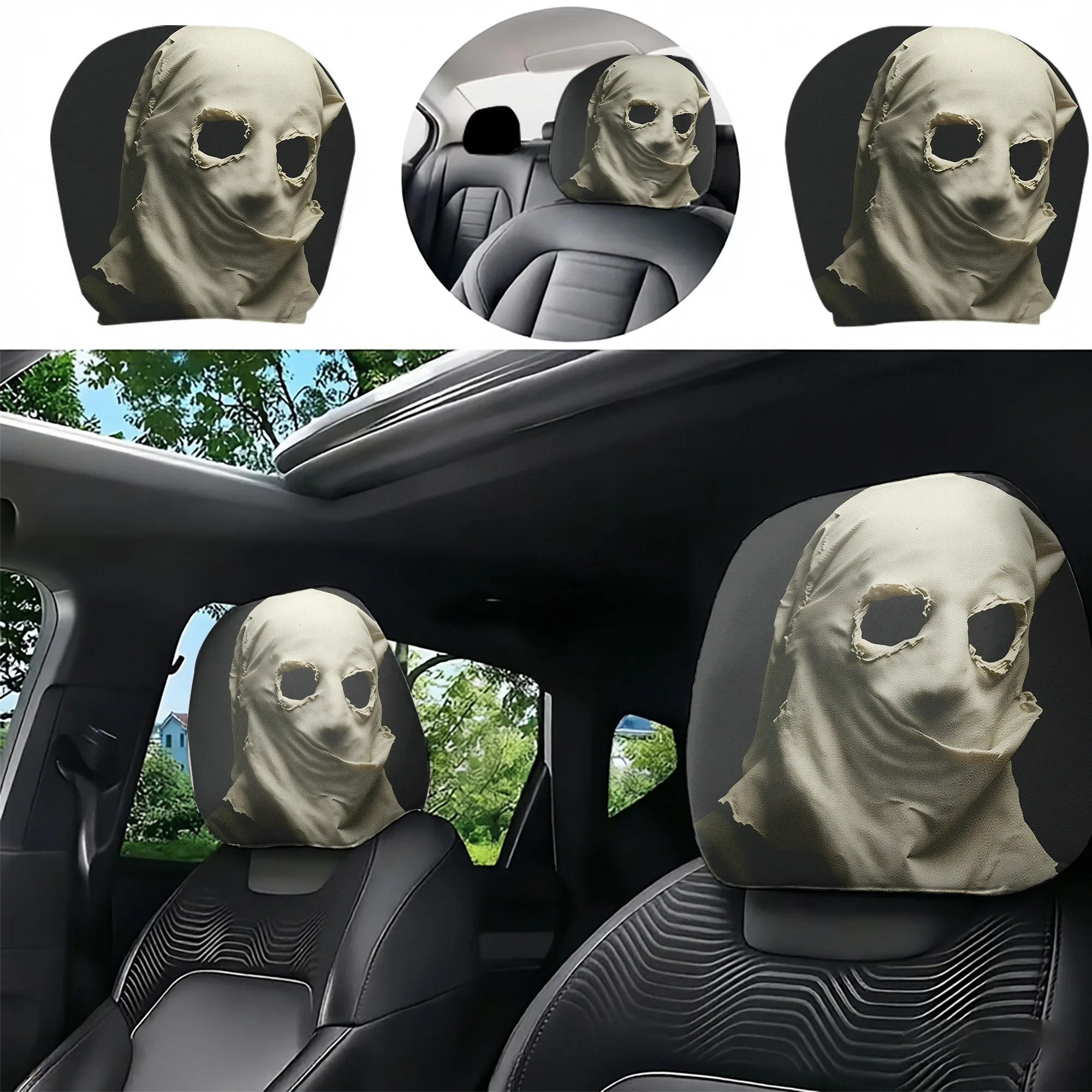 2pcs Ghost Mask Car Headrest Covers—add a spooky touch to your car’s interior. Filling not included. Easy to install.