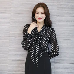 Women Blouse Fall Wear Long Sleeves Shirt Bow Black  White Polka Dot Chiffon Shirt Top Blusas Ropa De Mujer