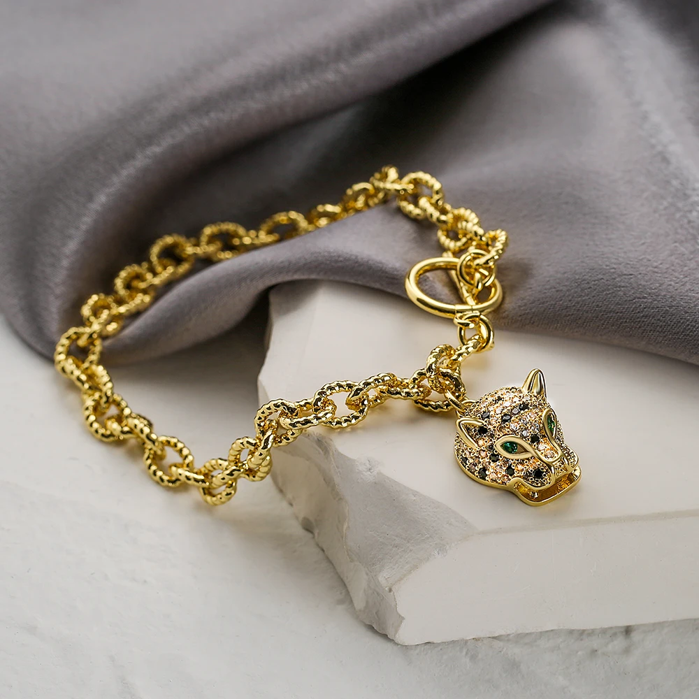 Mafisar New Trendy Fine Cubic Zirconia Animal Leopard Head Bracelets Gold Color Chain Bracelet For Women Punk Hip-Hop Jewelry