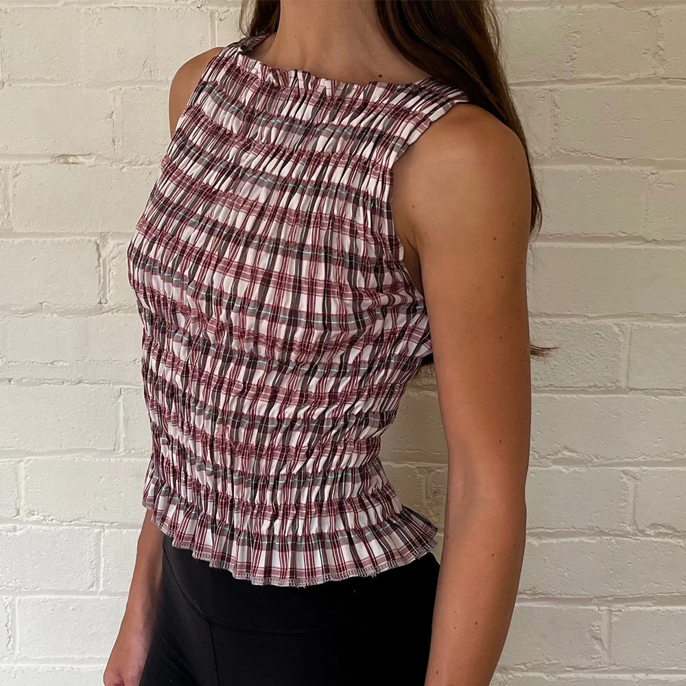 المرأة خمر Shirred الدبابات القمم الصيف Smocked القمم أكمام الكشكشة هيم الجرافيك مطوي قميص y2k الخروج عطلة القمم