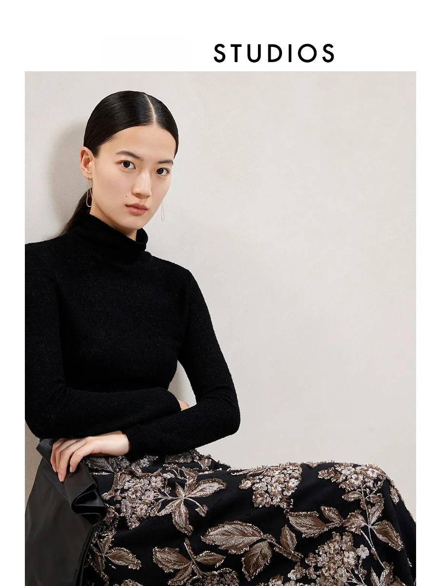 

CEJIA Wool Lace High Collar Slim Fit Knitted Base irt Bla Spring New Sle Commute High Elastici Long Sve Top