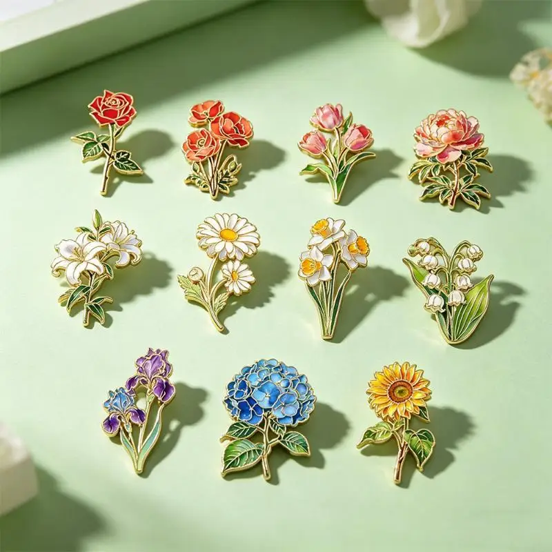 Decorative Flower Enamel Pins Lovely Orchid Tulip Lily Rose Metal Badge Fashion Pin for School Uniform Lapel