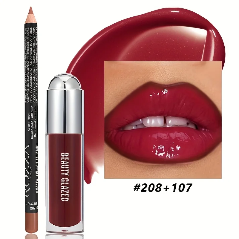 2Pcs Lip Gloss & Lip Liner Set Lip Kit Natural Nude Lip Glow Waterproof Longlasting Lip oil Liquid Lipstick Lip Liner Combo