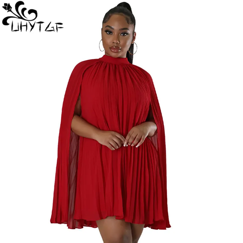 

Elegant Fashion Women Pleated Chiffon Dress Sexy Mock Necked Cloak Sleeve Robe Femme Classic Loose Party Clubwear Dresses 557