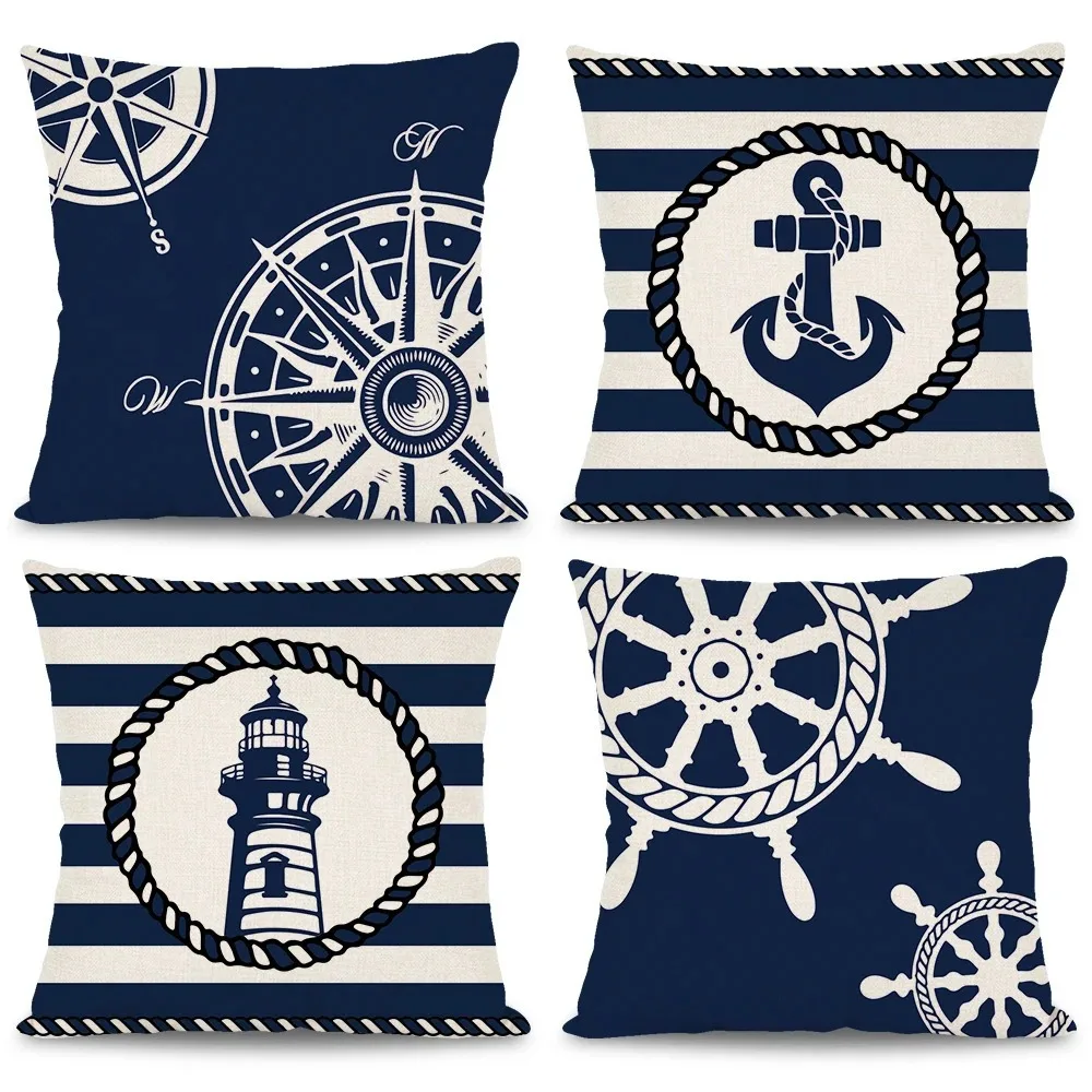

Home Decor Nautical Patterns: Compass, Anchor, Lighthouse Pattern Cushion Cover Suitable for Sofa Bedroom Car Pillow Cover