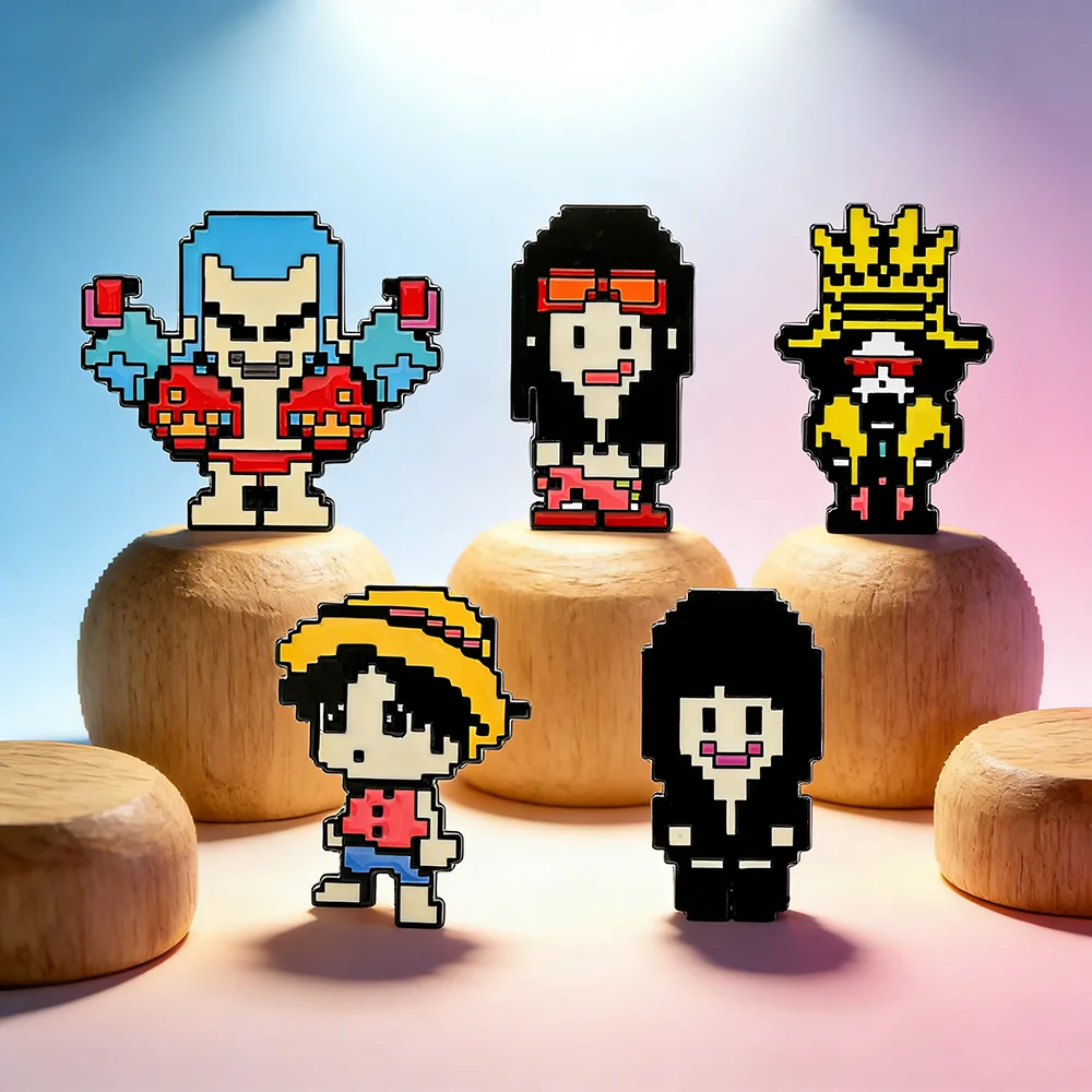 Pin de esmalte de dibujos animados con diseño de pixel - Personajes de One Piece: Monkey D. Luffy, Franky, Brook - Insignia metálica para ropa, mochila, joyería, regalo
