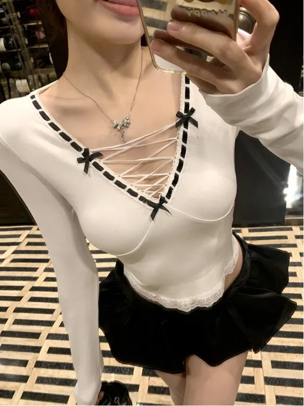 

Sexy Deep V-neck Long Sleeve T-shirt Women's Tight Short Base Shirt Inner Knot Autumn Fashion Korean Style Knitted Top