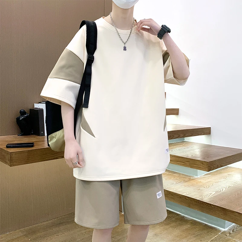 2024 Fashion Men T-Shirts Shorts Outfits Sets Summer 2 Piece Oversized Tracksuit Set Casual Patchwork Streetwear Mens Clothes