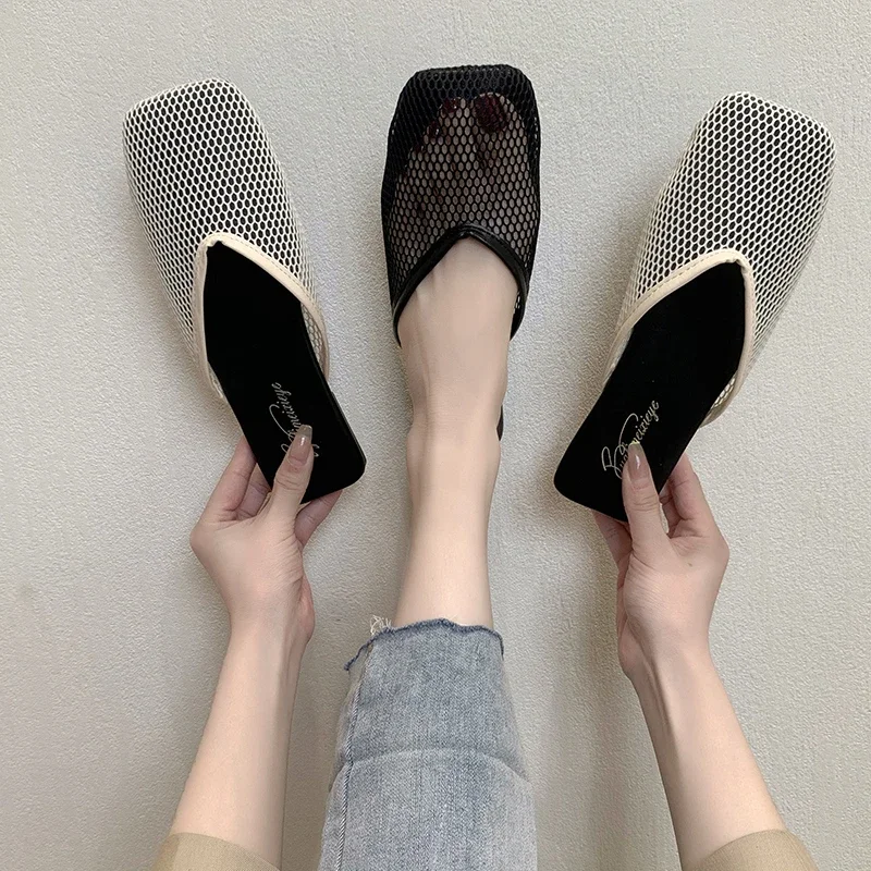 Women\'s Summer Home Slippers Mujer 2022 New Hollow and Breathable Mesh Flat Shoes Square Toe Flat Heel Casual Sandals Women