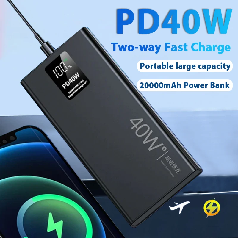 

40W 20000mAh Power Bank Portable Fast Charging Powerbank Digital Display External Auxiliary Battery with 2LED for iphone Xiaom