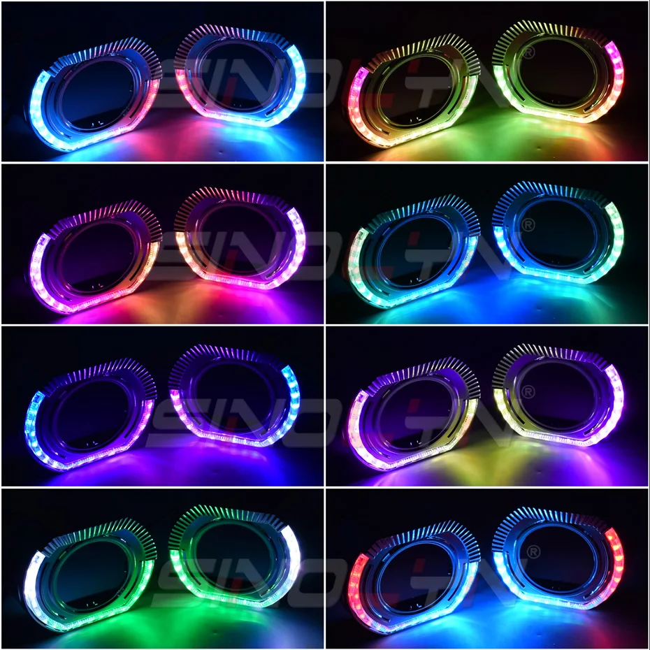 Sinolyn 2.5/3.0 Polegada RGB LED Angel Eyes Mangalhas Para Xenon LED Lente Do Projetor Girando Sinal De Volta Dinâmico Fluindo Halo Bezels angel