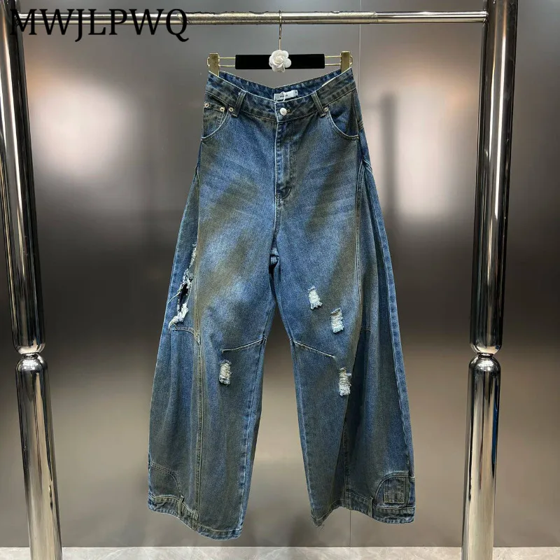 MWJLPWQ Unisex Blue Washed Distressed Wide Leg Jeans Loose Fit Casual Denim Pants Ripped Details Streetwear Daily Wear 15610