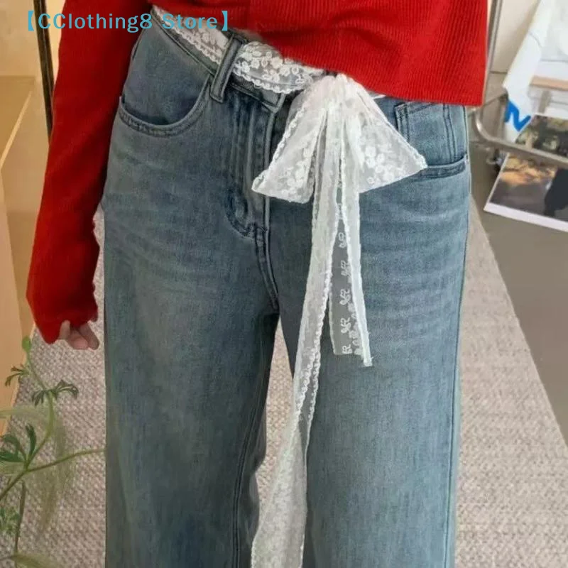 Y2k Long Lace Waistband Floral Bow Lace Waist Belt Tie Up Thin Dress Jeans Belt Lace Scarf Hair Band Hair Accessories【AliS8】