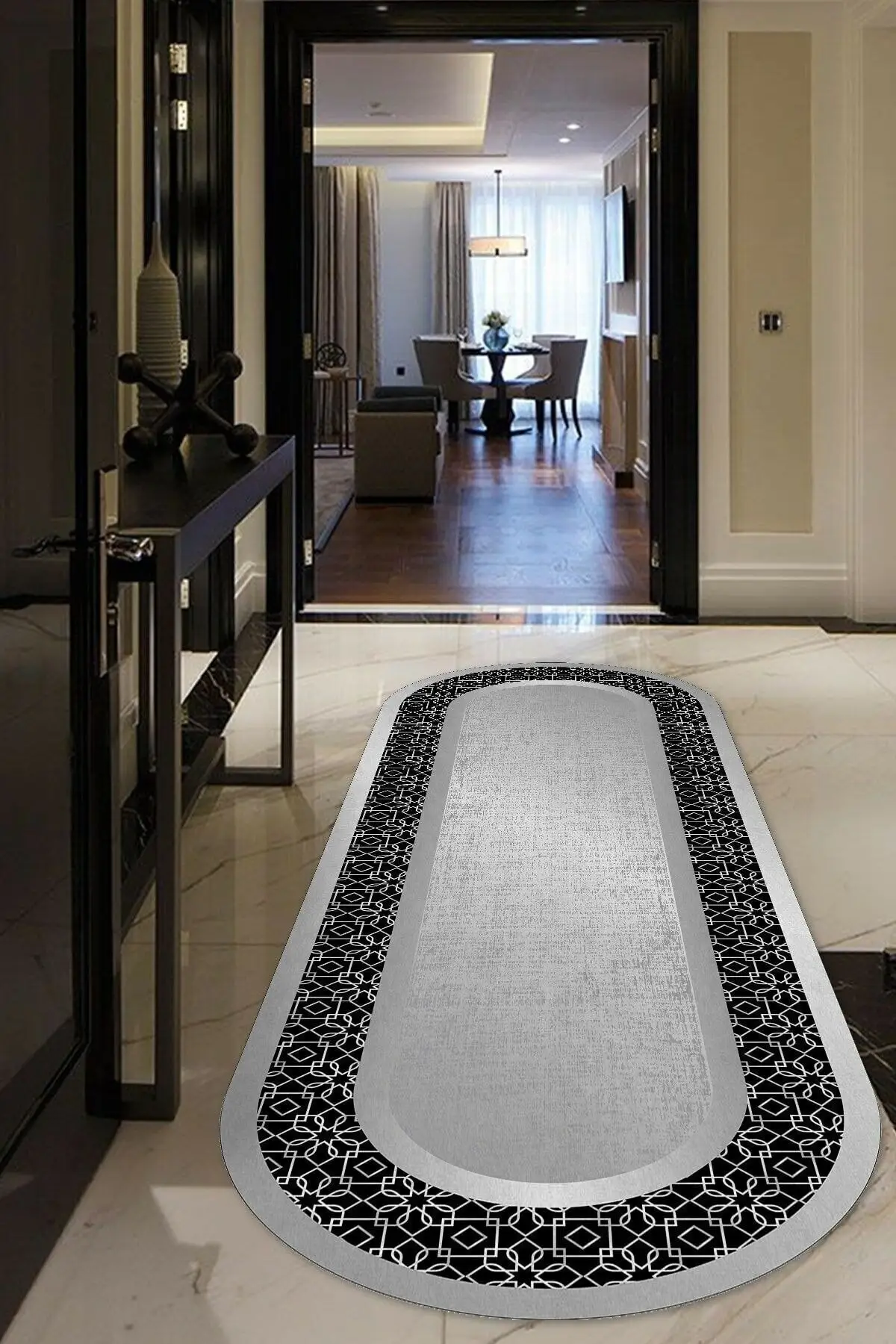 

DOLBOVI digital printed non-slip base washable silver colored Oval runner and living room carpet