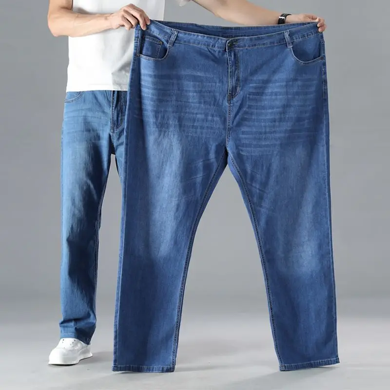 Men's blue plus size jeans weighing 300 pounds can be worn in autumn and winter thick high waisted slightly elastic jeans