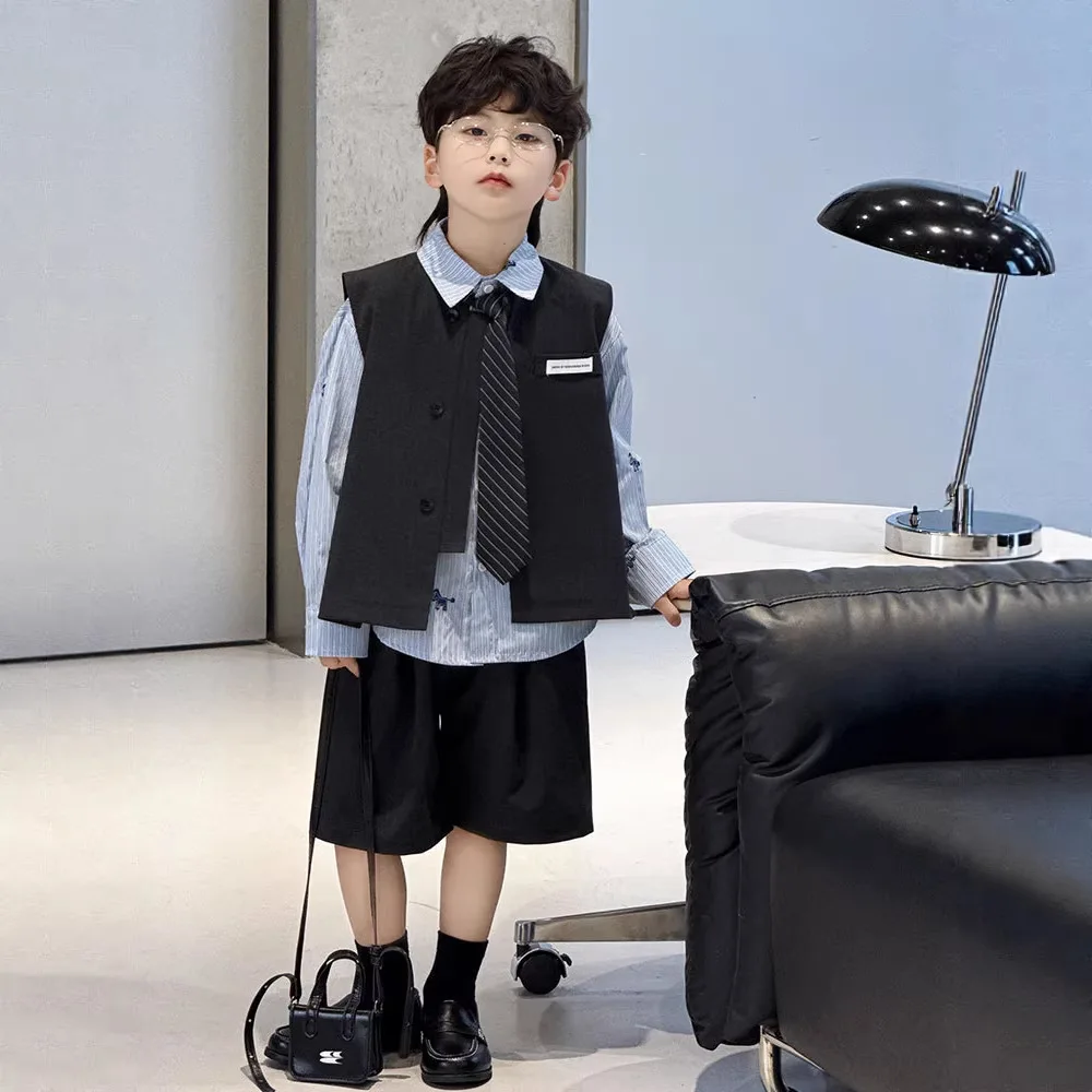 Toddler Boys Formal Suit Kids Gentleman Outfit for Wedding Ring Bearer Birthday Graduation Party with Striped Shirt Vest Shorts