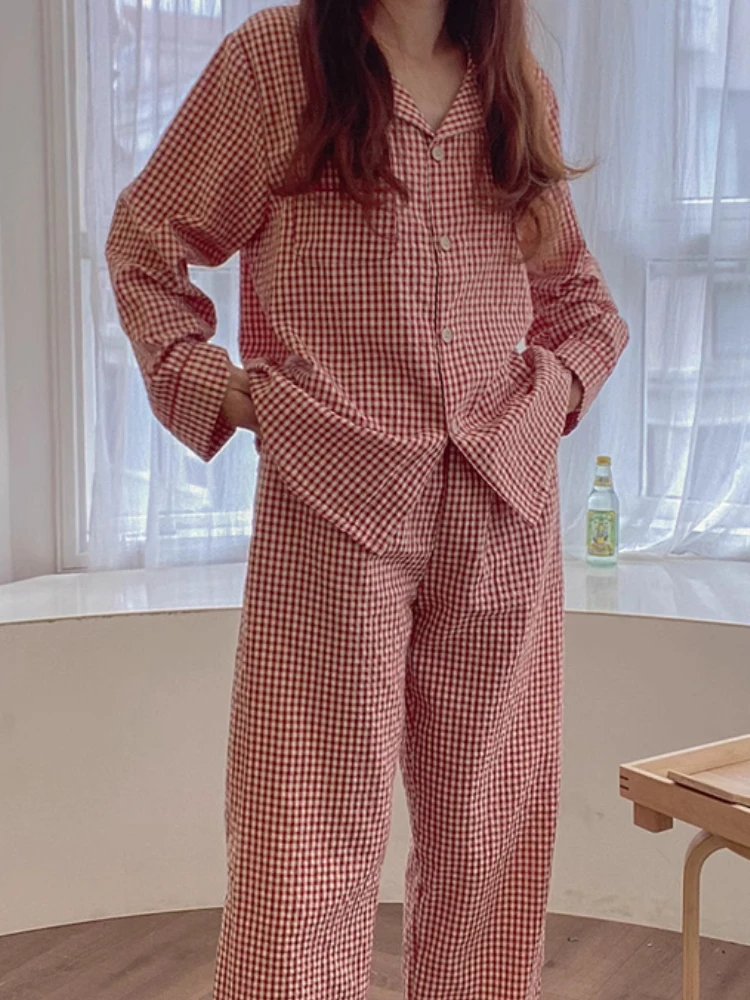 Red Plaid Pajama Sets Women Vintage Turn-down Collar Sleepwear Korean Version Fashion Spring Autumn Long Sleeve College Lounge