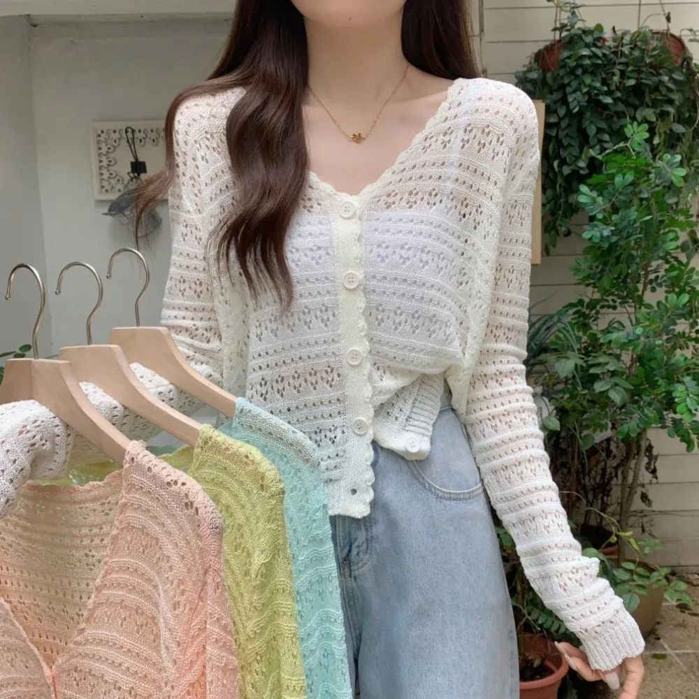 Cárdigan de punto calado a la moda con cuello en V y manga larga, tops finos informales con protección solar para mujer y niña, ideal como regalo.