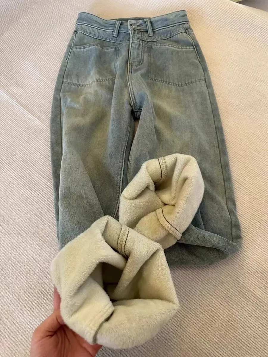 

Fleece Lined Straight Leg Jeans Women's Autumn Winter High Waist plus Size Loose Slimming Drapey Wide Leg Long Pants