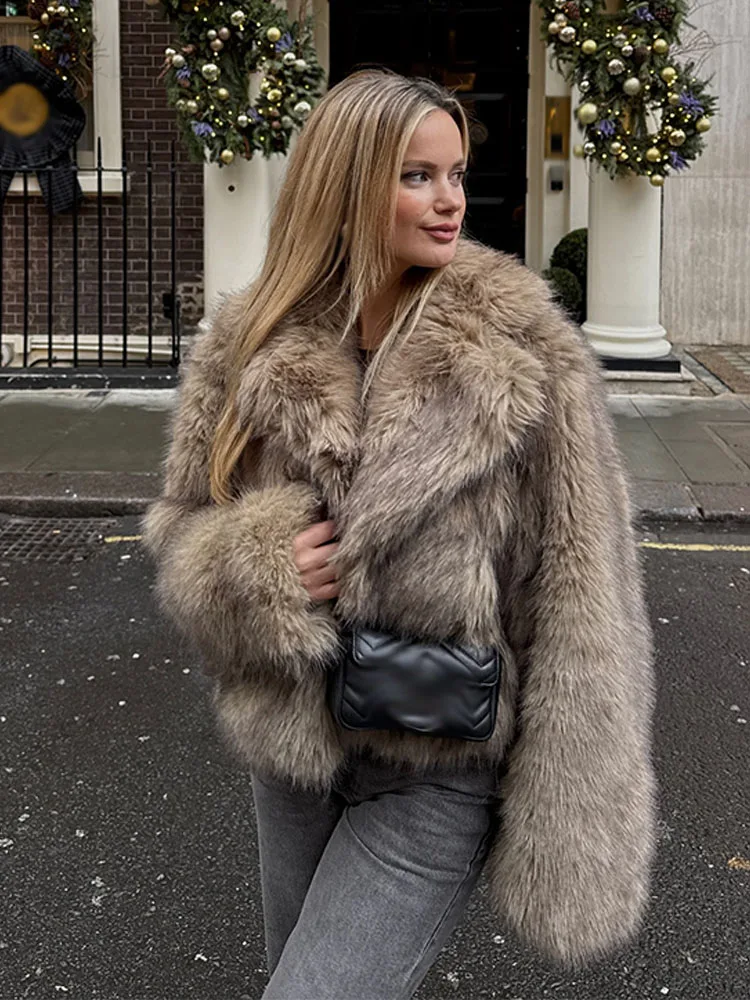 HH レディース ニューファッション フェイクファー風 ショートジャケット 女性用 冬 ラペル 長袖 隠しバックル コート カジュアル ルーズ ハイストリート トップス