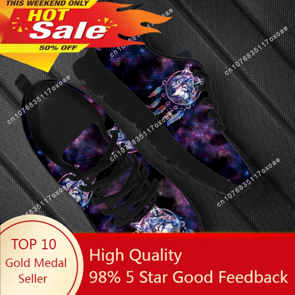 Galaxy Wolf Dream Catcher Print Ladies Lace-up Sneakers Casual Flat Shoes Wear Resistant Tennis for Women Mens Gift