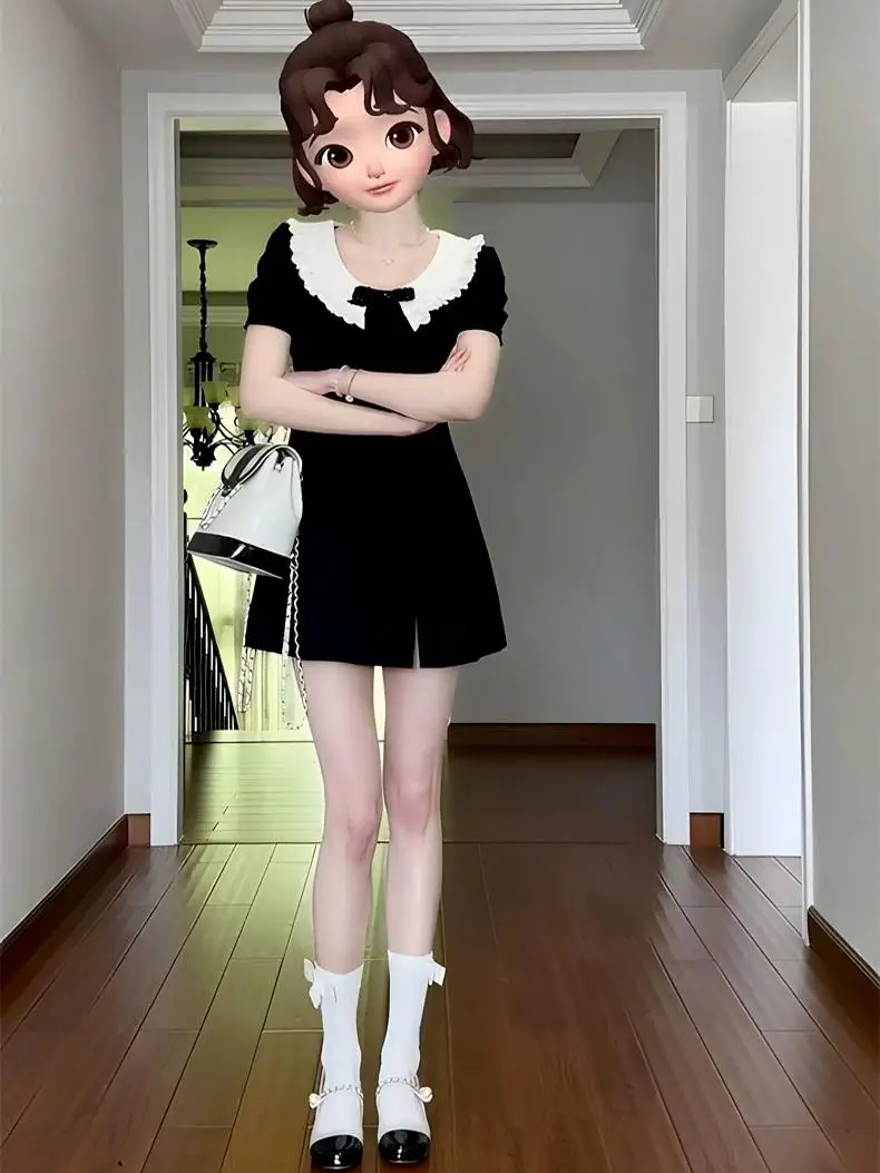 Summer Tea Break Ele Square Collar  Knot Dr Women's A-Line ort Skirt Bla Dr Slimming Effect