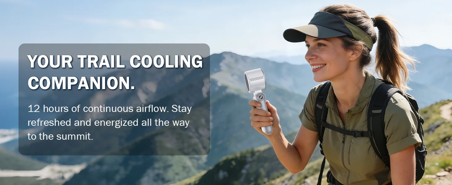 With a Hand-Held Fan Belt, USB-C Rechargeable Personal Fan, Battery-Powered Portable Fan, Mini Pocket Fan Suitable for Women, Men, Makeup, Travel, Office, and Outdoor Use.