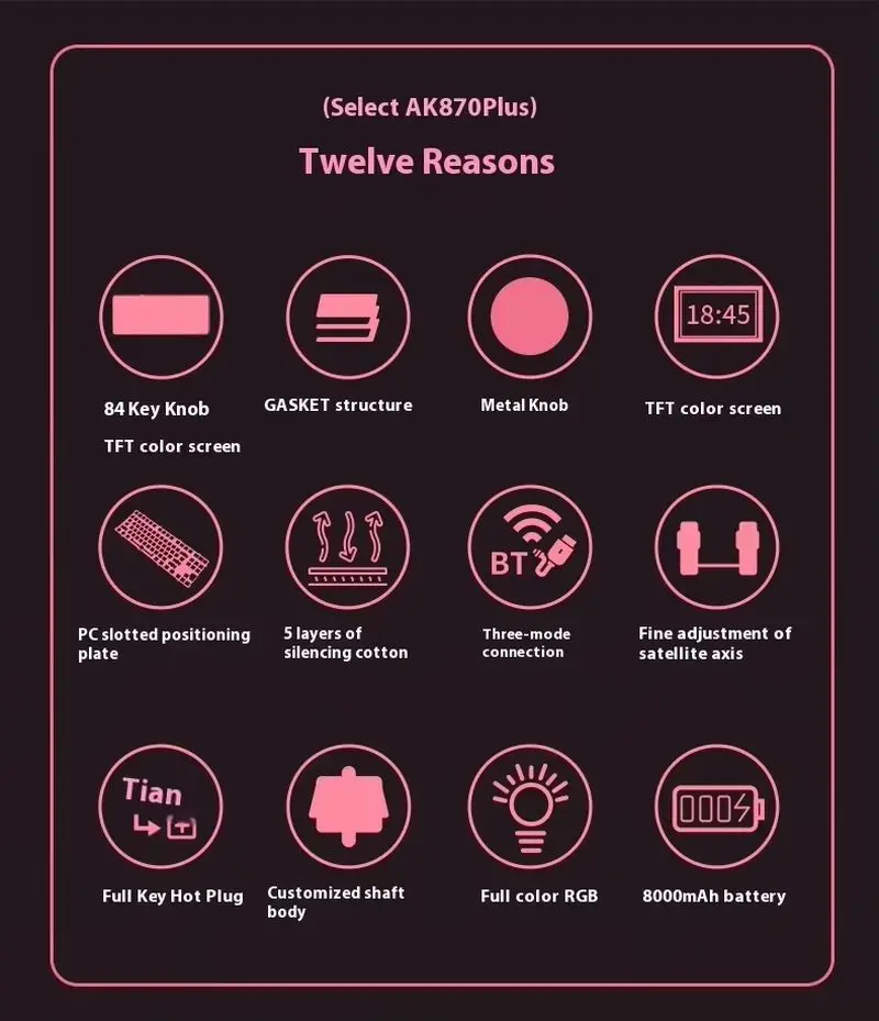 Ajazz Ak870plus Three Mode Wireless Bluetooth Mechanical Keyboard 87 Keys Hot Swappable Color Screen E-Sports Office Keyboards