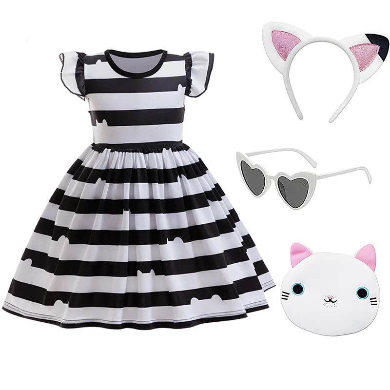 

Girl Halloween Costume Set Black White Striped Dress With Cat Ears Headband Glasses Purse Accessories Birthday Party Outfit