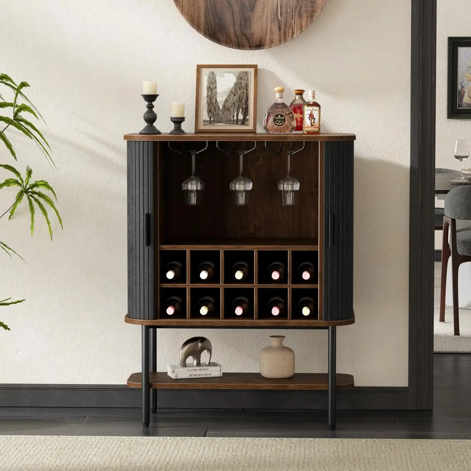 

Black Coffee Bar Cabinet with Storage, Fluted Wine Cabinet with Sliding Doors, Glass Holder & Wine Rack for Kitchen, Dining or L