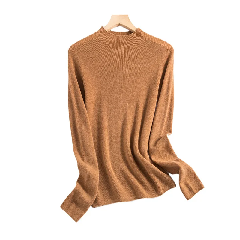 Woman Mock Neck Pullovers 100%Sheep Wool Seamless Plain Knitted Slim Sweaters 2023 Fall Winter Basic Top Pink Beige DALINN