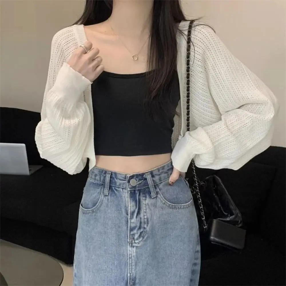 Sunscreen Crop Knit Cardigan Solid Color Thin Cardigan Coat Woman Simple Long Sleeve Smock Top Air-Conditioning Shirt