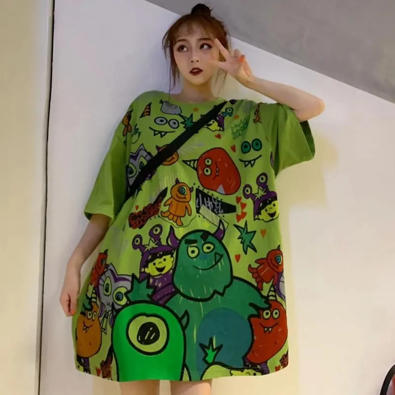 Emo Casual Oversized 3XL Graffiti Cartoon Short Sleeve T-shirt Y2k Tops Women Korean Harajuku Punk Kawaii Grunge Graphic Tee