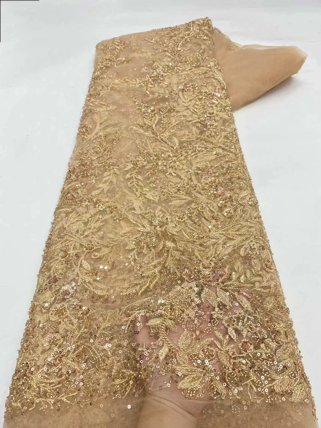 

African 3D Beaded Sequin Lace Fabric French Tulle Embroidered Lace Fabric Party Wedding Dress Sewing 5 Yards