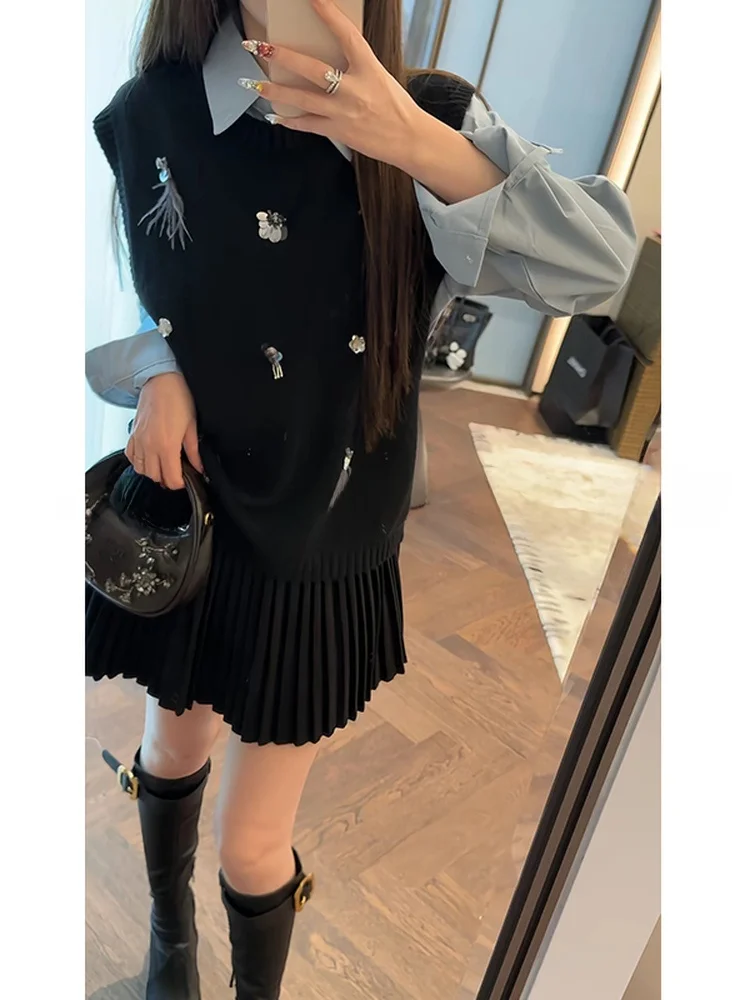 

Женский вязаный комплект из трех предметов: топ, брюки и юбка с пайетками и бахромой, эффект стройности, зимний модный ансамбль