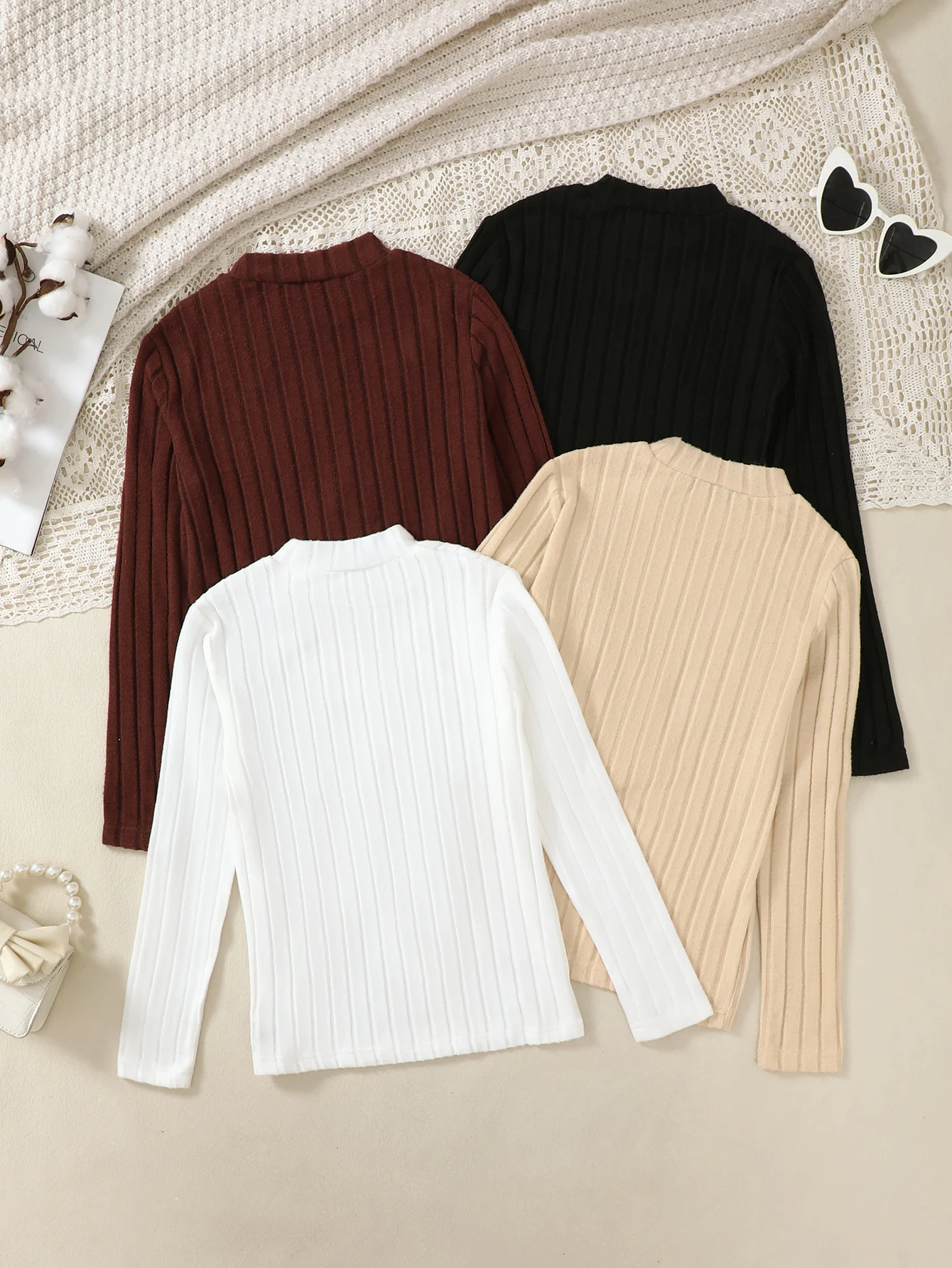 4-Piece Set Girls Long Sleeve T-Shirts High Collar Slim Fit Base Layer Tops Suitable for Autumn Winter Casual Outdoor Wear