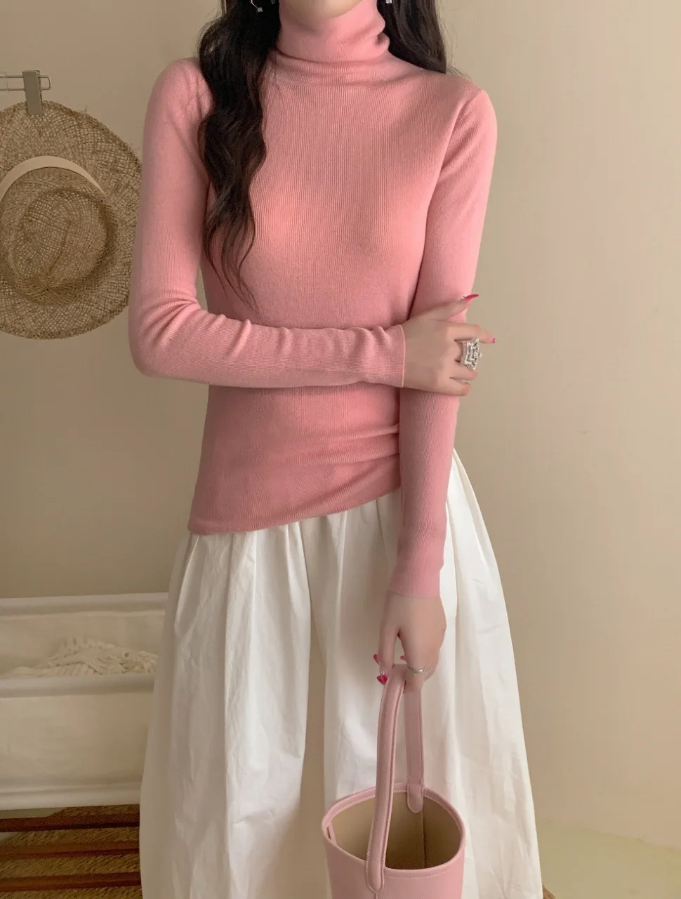 Birdtree 100% Sheep Wool Elegant Thin Style Base Sweater, Woman Autumn High Collar Full Sleeve Solid Color Knit Tops T58122JF
