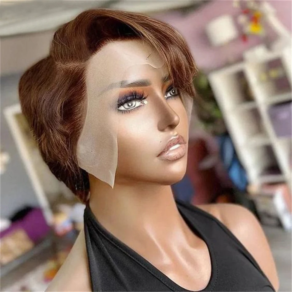 4# Brown Straight Pixie Cut Wig Transparent Lace Frontal Human Hair Wigs Short Bob Wig Preplucked Brazilian Human Hair For Women