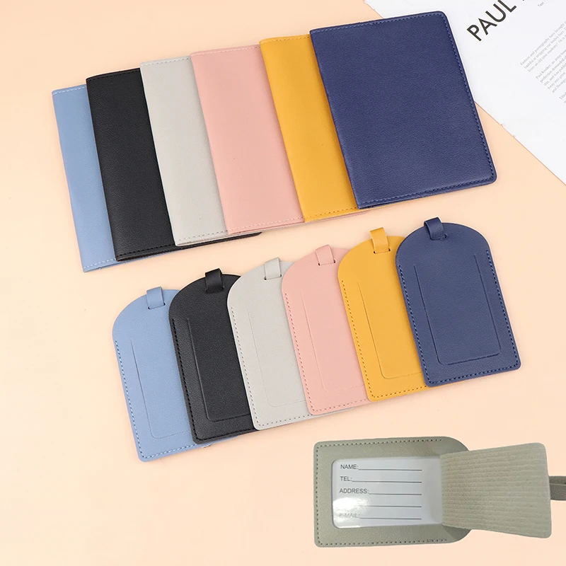 

New Passport Clip Multi Color Thick PU Leather Passport Holder Cover With Paper Card Luggage Tag Set Travel DIY Accessories