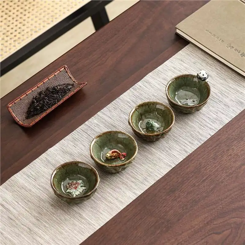 Wood Fired Shino Teacup Fish Pattern Rough Clay Master Cup Birthday Gift For Men Chinese Traditional Tea Ceremony Drinkware